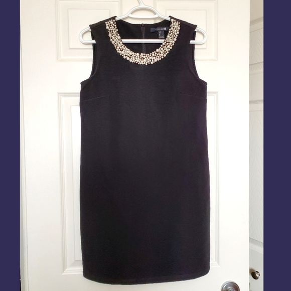 Forever 21 black stretch knit shift dress pearl metallic collar Small Audrey - Picture 12 of 12